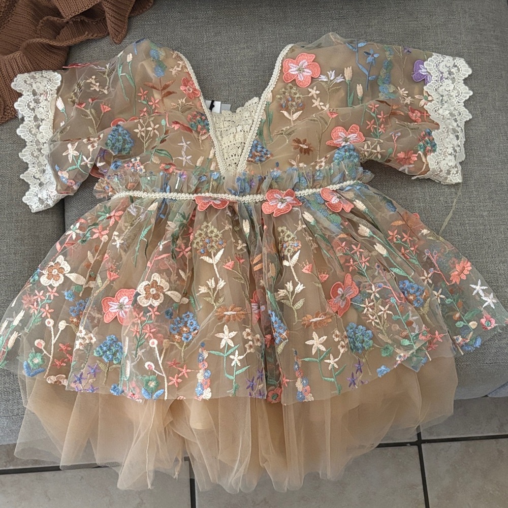 Girls Embroidered Floral Sheer Tan Dress with Multicolor Flowers